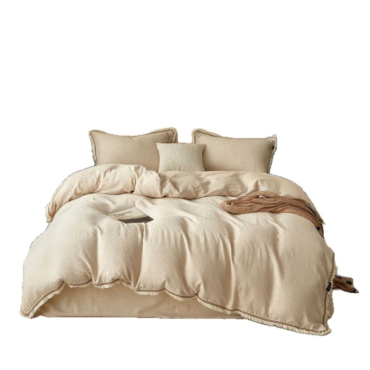 Scalloped-Edge Cotton Linen Blend Quilted Duvet Cover Set with Pillow Shams