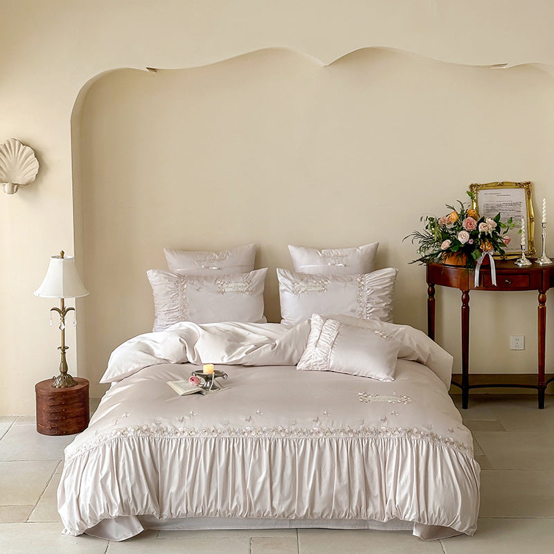 Luxury Embroidered Ruffled Satin Duvet Cover Set