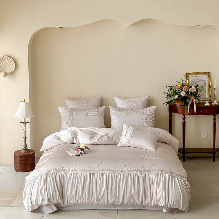Luxury Embroidered Ruffled Satin Duvet Cover Set