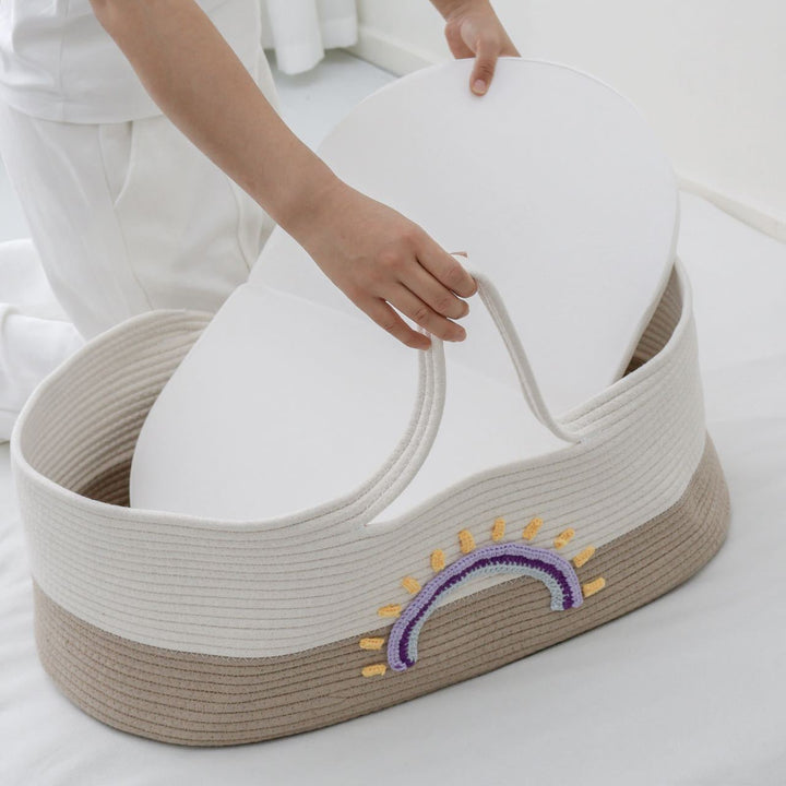 Quilted Cotton Portable Baby Bassinet Nest with Embroidered Rainbow Detail