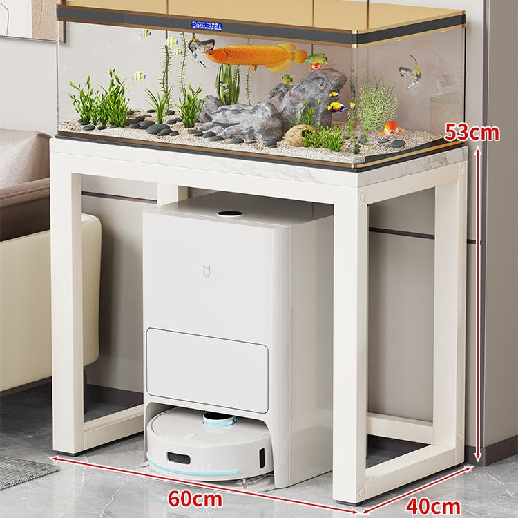 Gold Metal Aquarium Console Table with Faux Marble Top and Robot Vacuum Storage