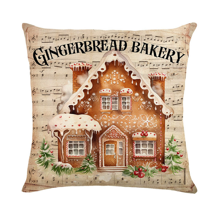 Festive Linen-Texture Decorative Throw Pillow Cover with Gingerbread Man and Musical Sheet Print