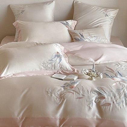 Embroidered Satin-Blend Floral Duvet Cover Set with Reversible Silky Back & Satin Border