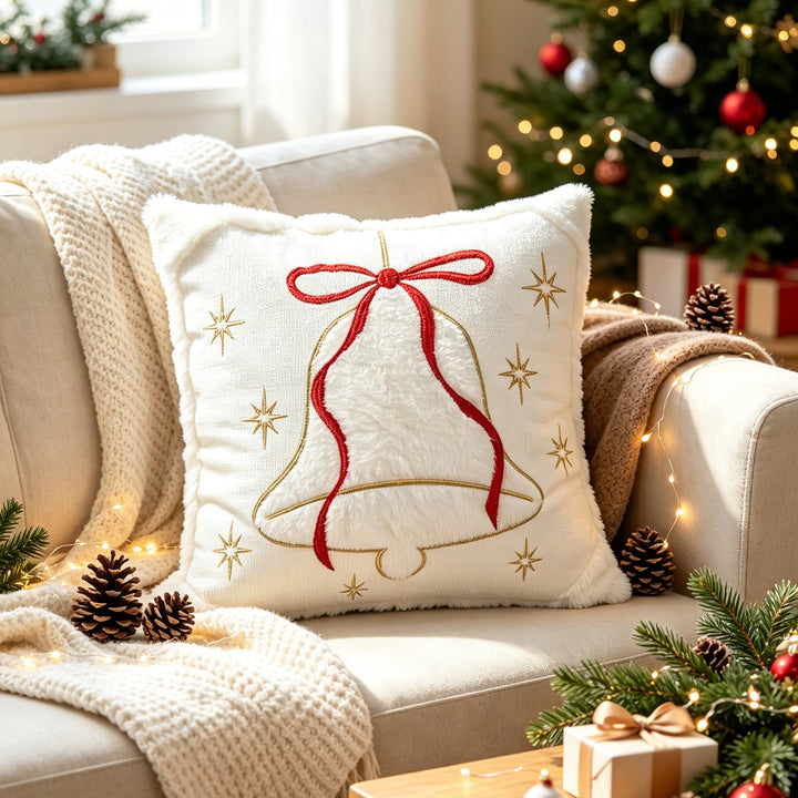 Festive Embroidered Faux-Fur Holiday Throw Pillow