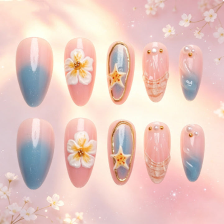 Artistic Nail Design Set with Floral and Seaside Accents Stornfield