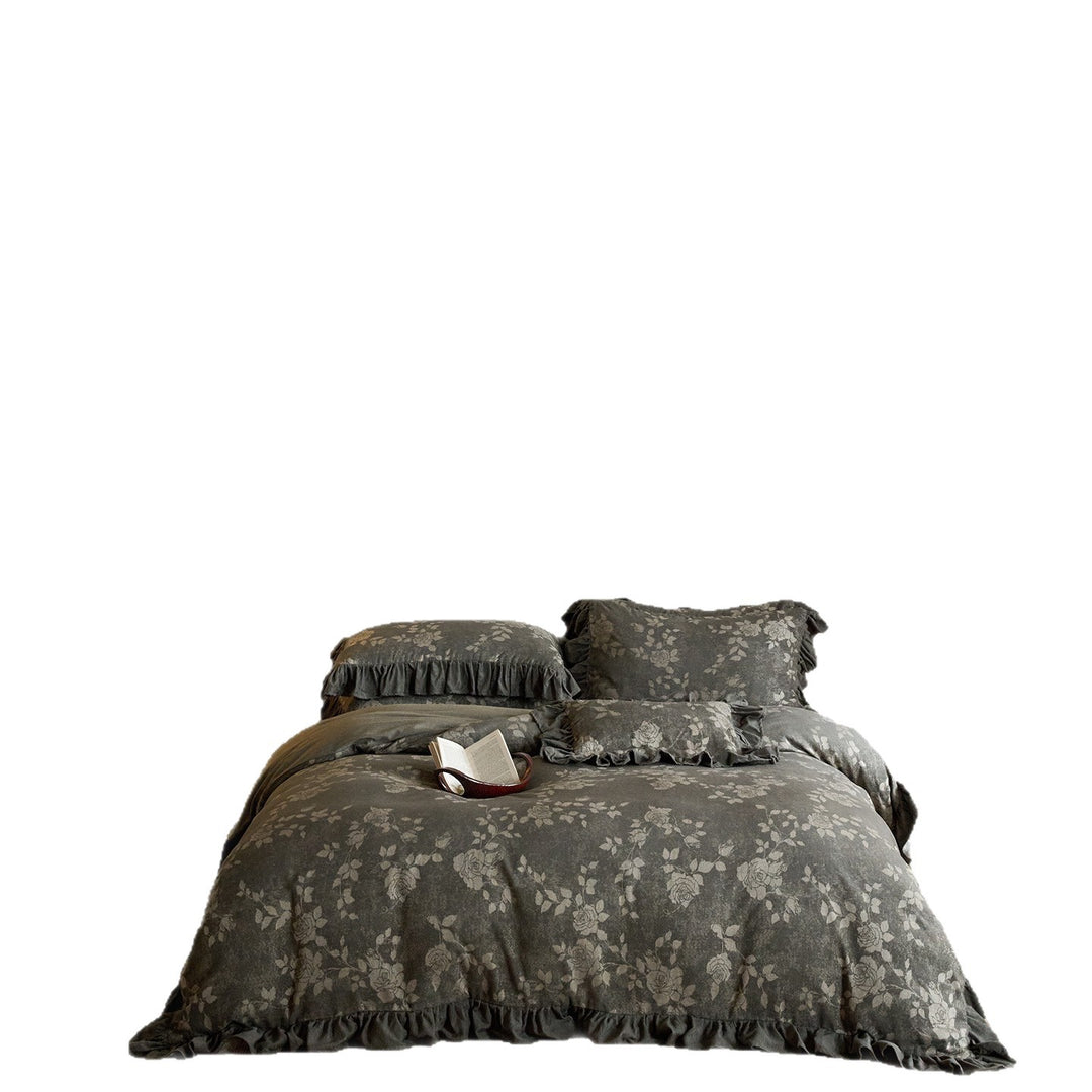 Vintage Floral Ruffled Duvet Cover Bedding Set with Jacquard Cotton-Linen Blend & Pillow Shams