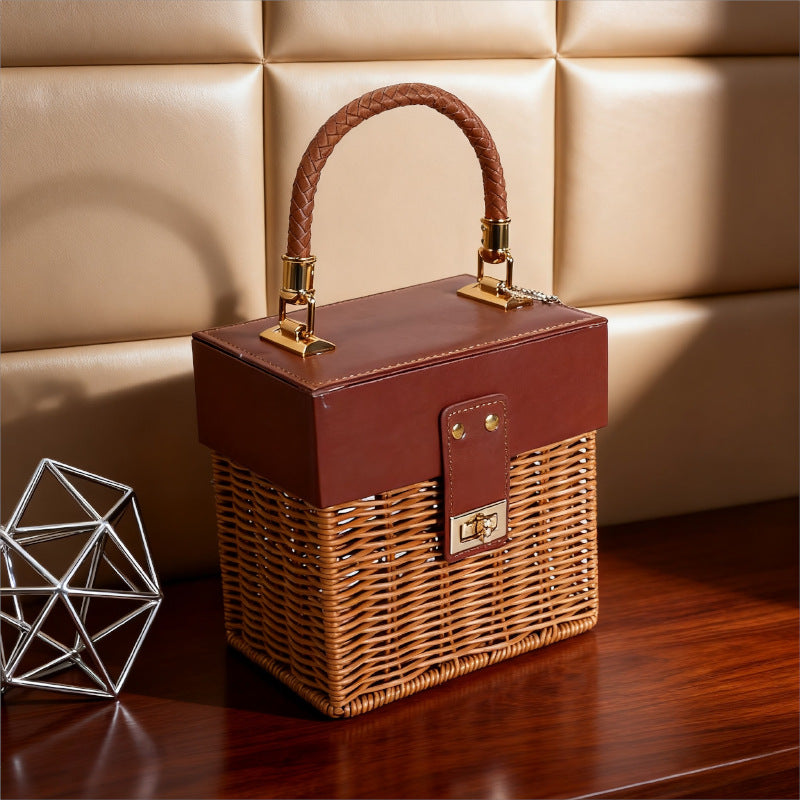 Women Stylish Basket with Elegant Leather Lid and Woven Design Stornfield