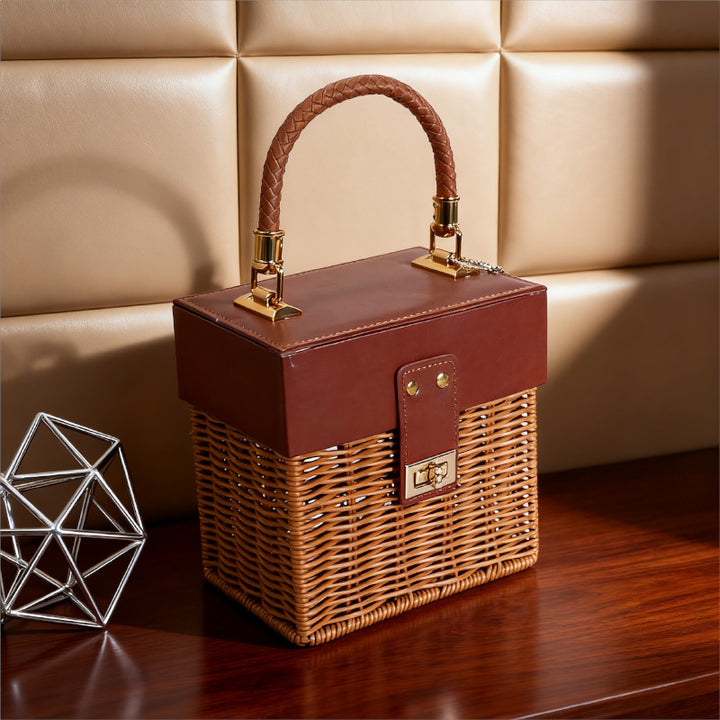 Women Stylish Basket with Elegant Leather Lid and Woven Design Stornfield