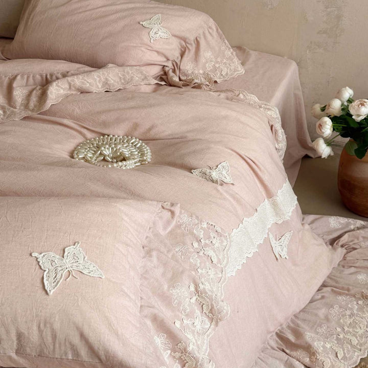 Ruffled Lace-Trimmed Cotton-Linen Duvet Cover Set with Embroidered Butterfly Appliqués