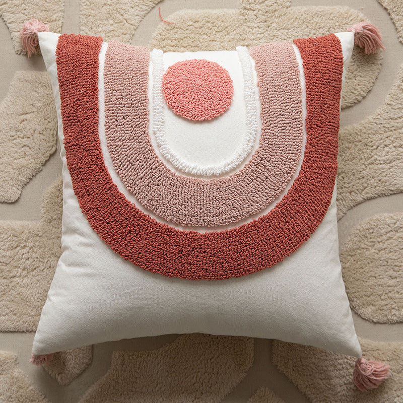 Hand-Tufted Arc-Motif Cotton Square Accent Pillow with Corner Tassels and Removable Insert