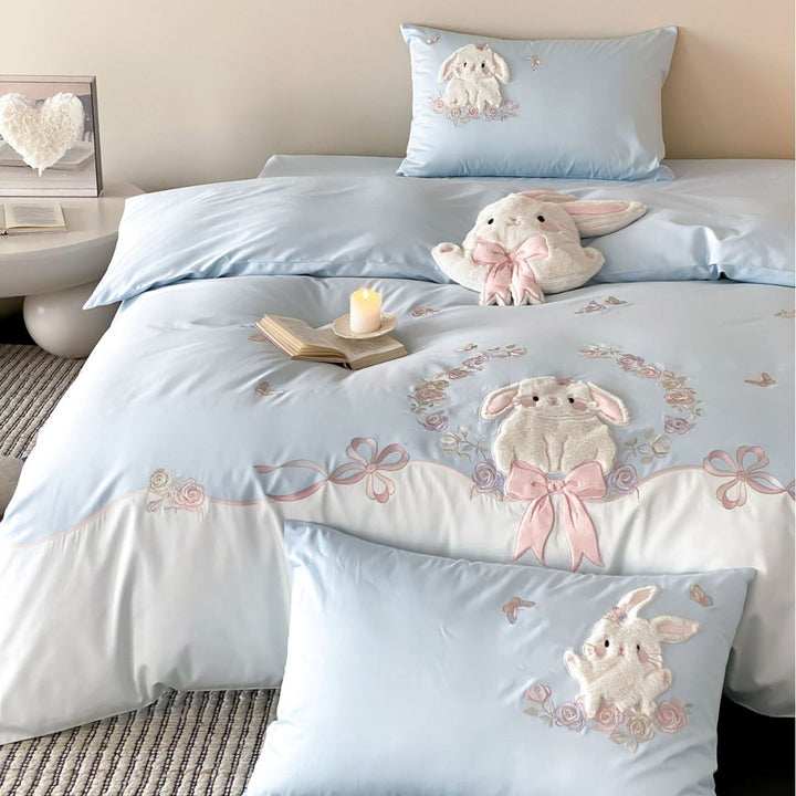 Plush Bunny Appliqué Cotton-Sateen Decorative Duvet Cover Set