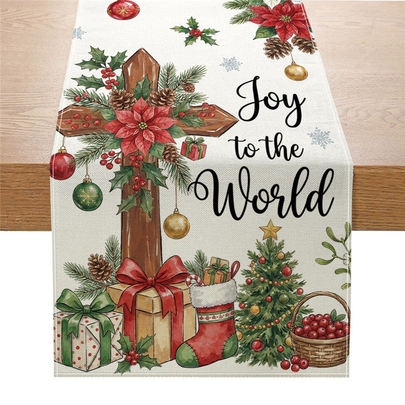 Festive Cotton-Linen Christmas Table Runner with Snowman and Plaid Tree Illustration