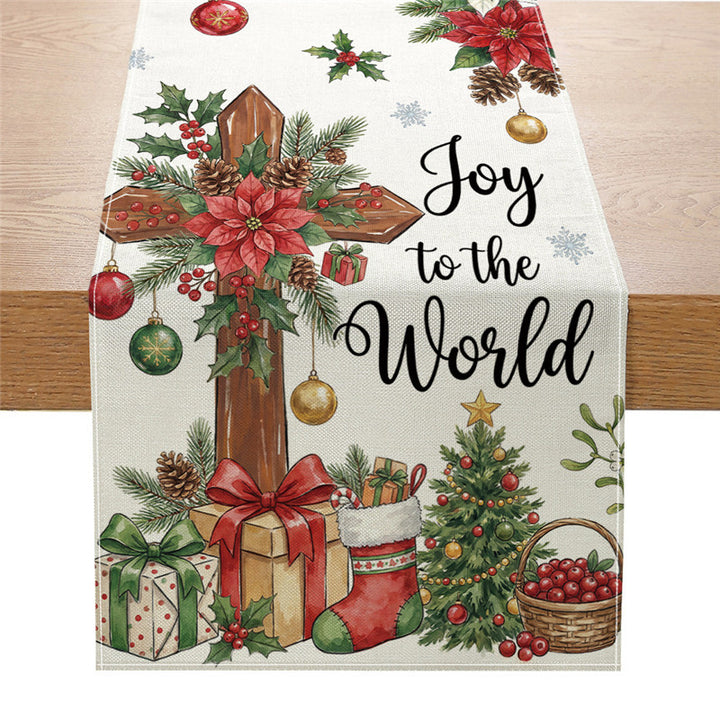 Festive Cotton-Linen Christmas Table Runner with Snowman and Plaid Tree Illustration