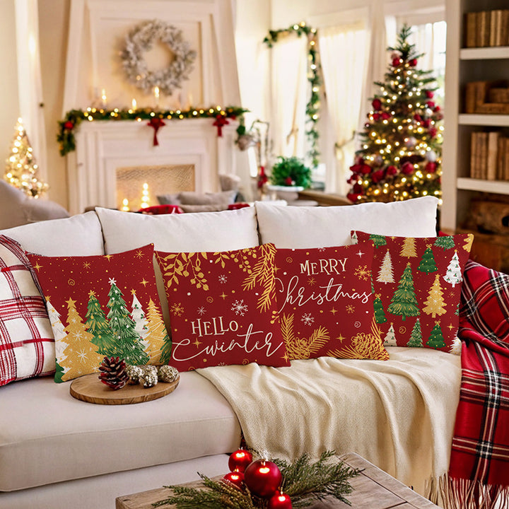 Square Holiday Linen-Feel Throw Pillow Cover with Hello Winter Script and Metallic Gold Botanical Accents