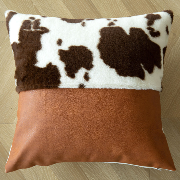 Decorative Throw Pillow with Faux Cowhide Fur Panel and Vegan Leather Accent