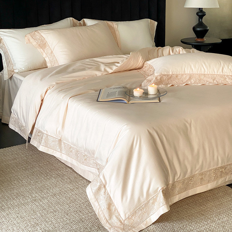 Luxury Cotton-Sateen Duvet Cover Set with Lace-Trim Hem & Decorative Pillow Shams