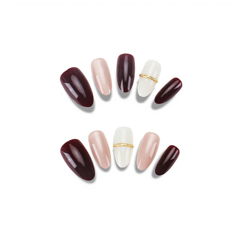 Elegant Almond-Shaped Press-On Nails Set with Gold Accents Stornfield