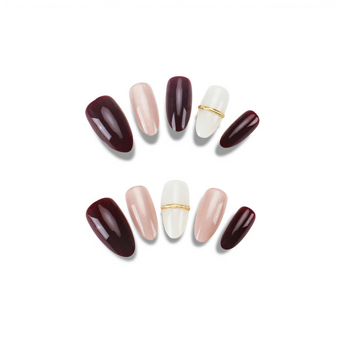 Elegant Almond-Shaped Press-On Nails Set with Gold Accents Stornfield