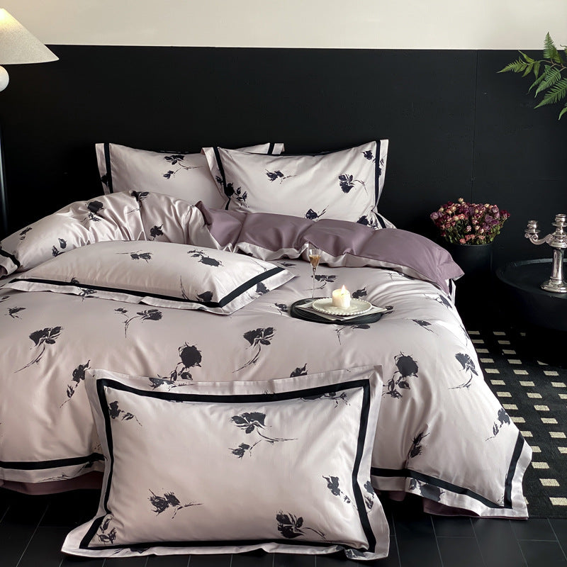 Reversible Satin-Finish Floral Duvet Cover Set with Contrast Border and Pillow Shams