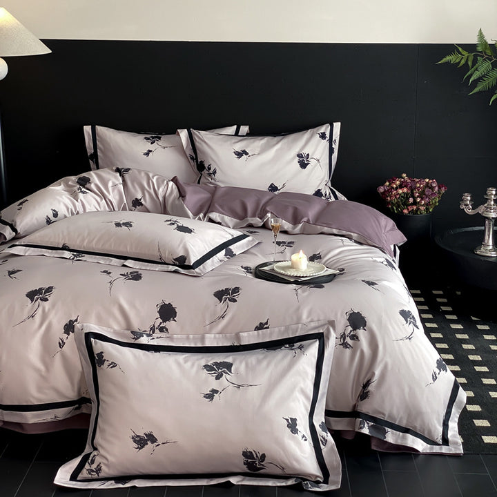 Reversible Satin-Finish Floral Duvet Cover Set with Contrast Border and Pillow Shams