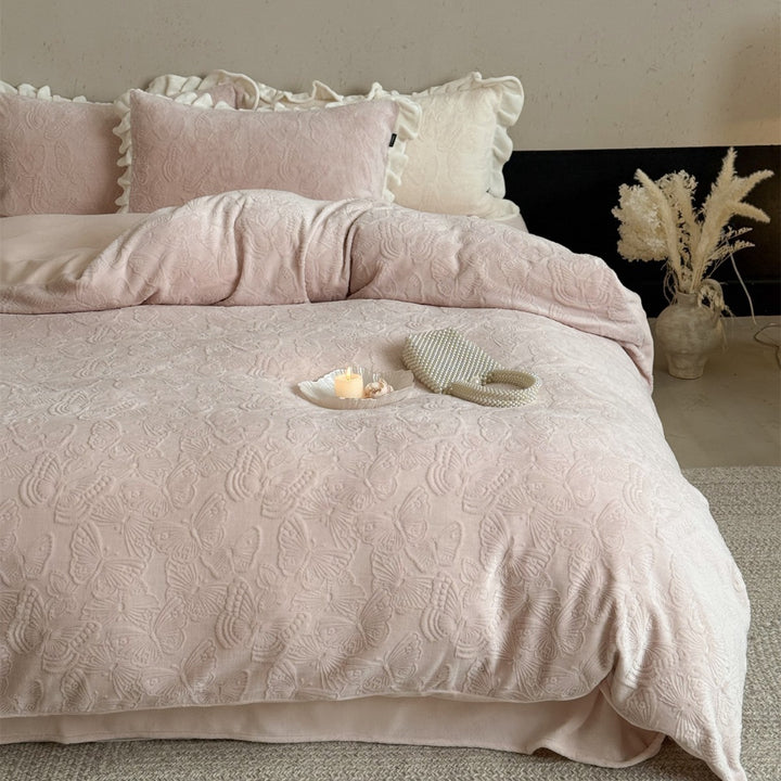 Plush Embossed Butterfly Jacquard Duvet Cover Set with Ruffled Pillow Shams