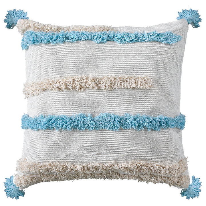 Square decorative pillow cover with fringes and hand-tufted diagonal stripes