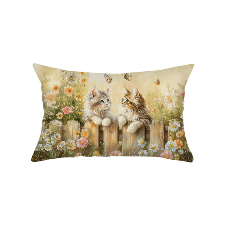 Decorative Rectangular Cotton-Linen Pillow Cover with Kitten Garden Illustration