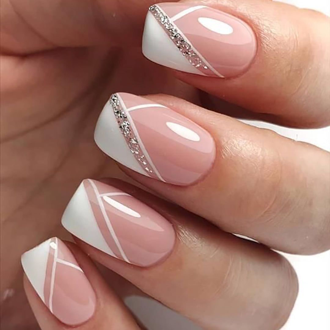 Elegant French Tip Press-On Nails with Sparkling Accents Stornfield