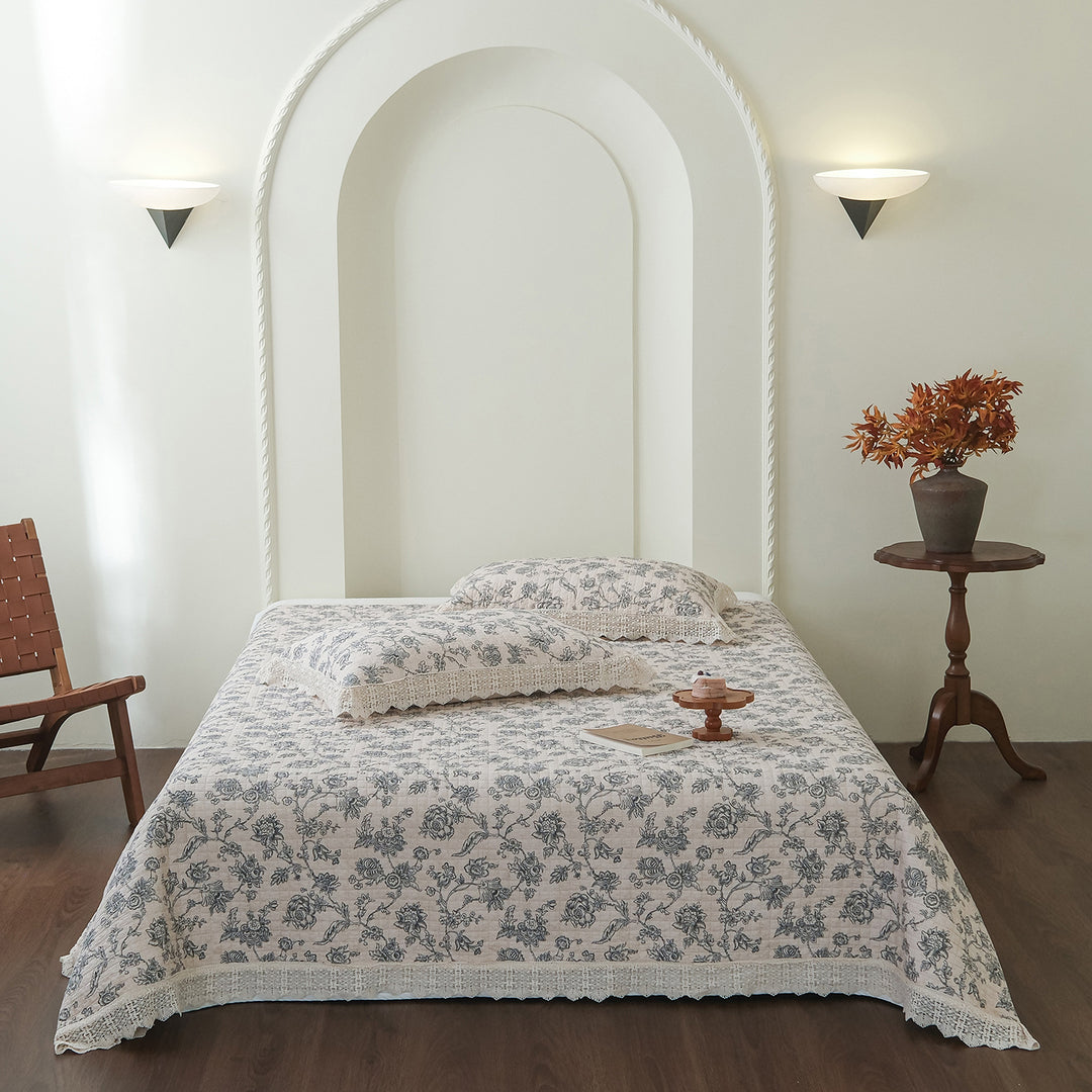 Hand-Quilted Vintage Floral Cotton Bedspread & Crochet-Edged Pillow Sham Set