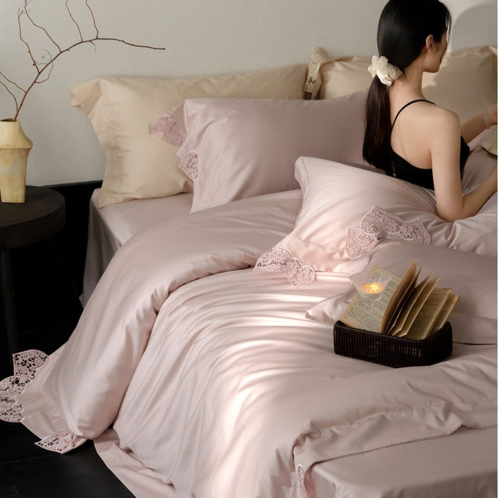 Luxury Satin Duvet Cover Set with Heart Cutwork Lace Trim