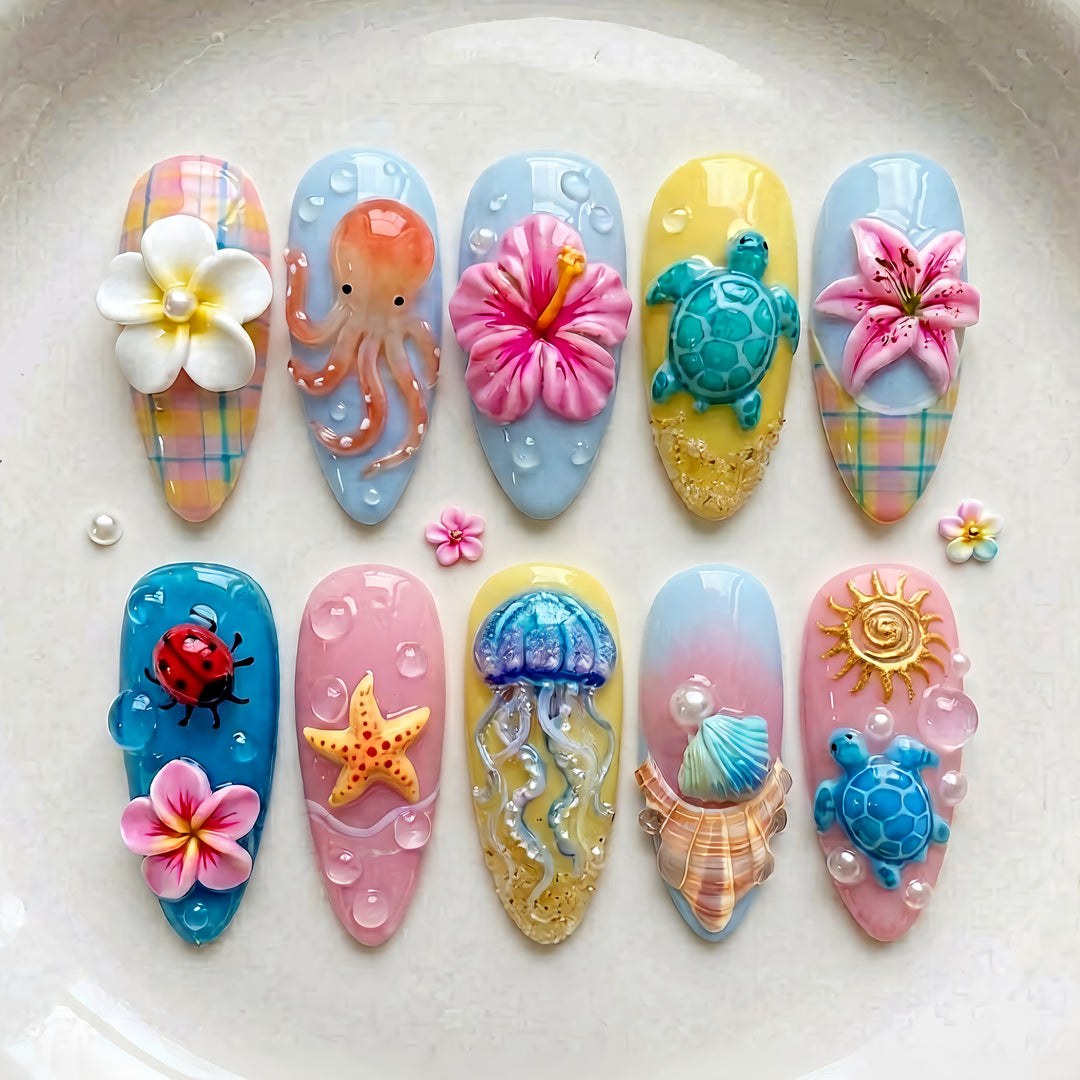 Artistic 3D Ocean-Inspired Press-On Nail Art Set Stornfield