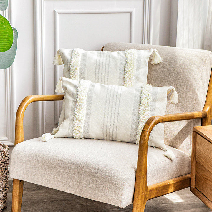 Square cotton pillow cover with fringe tassels and textured chenille stripes Stornfield