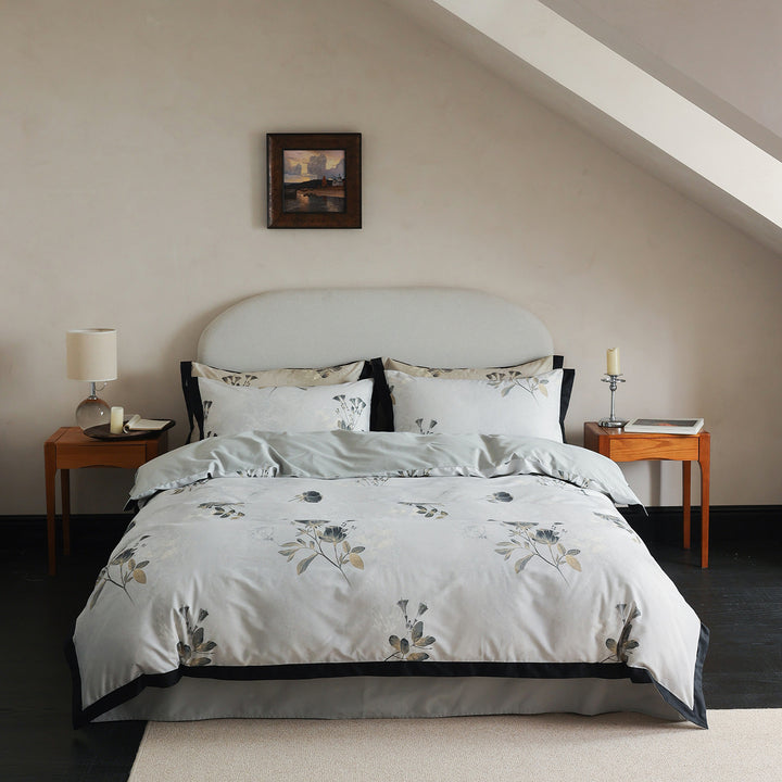 Botanical Satin-Feel Duvet Cover Set with Piped Edge and Envelope Shams