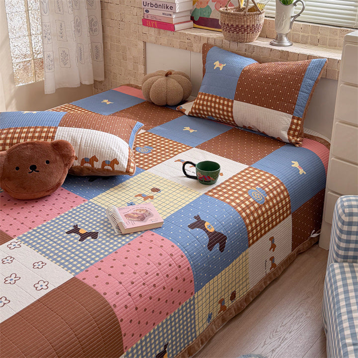 Quilted Cotton Toddler Bed Coverlet Set with Playful Dog and Flower Print and Gingham Trim