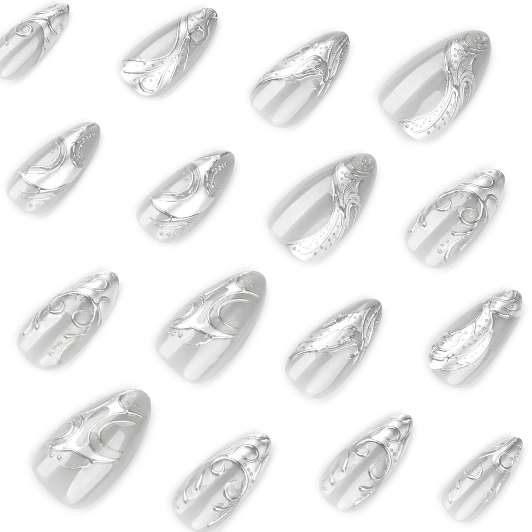 Artistic stiletto nails with elegant silver design Stornfield