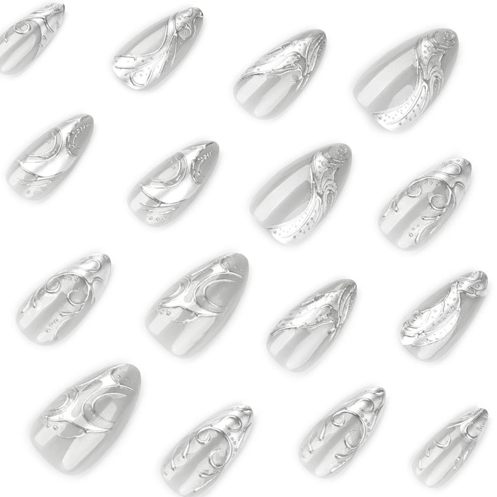 Artistic stiletto nails with elegant silver design Stornfield