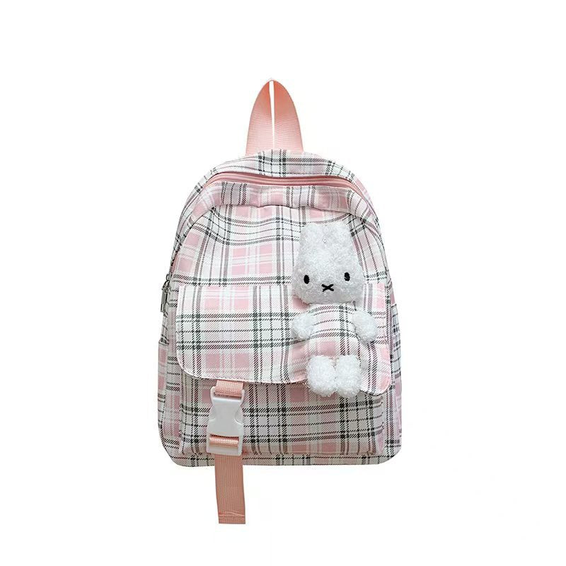 Backpack with Playful Checkered Pattern and Cute Plush Pendant Stornfield