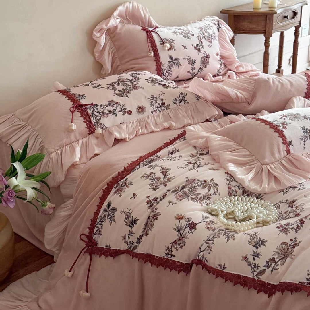 Romantic Floral Ruffled Duvet Cover & Decorative Sham Bedding Set