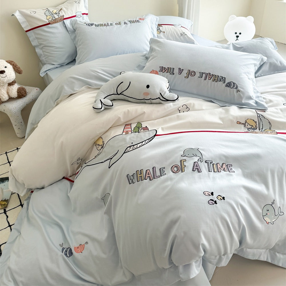 Children's Cotton Sateen Whale-Illustration Duvet Cover Set with Pillow Shams and Plush Accent Cushion