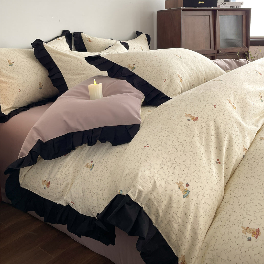 Floral Duvet Cover Set with Ruffled Contrast Border and Bunny Accent Pillow Shams