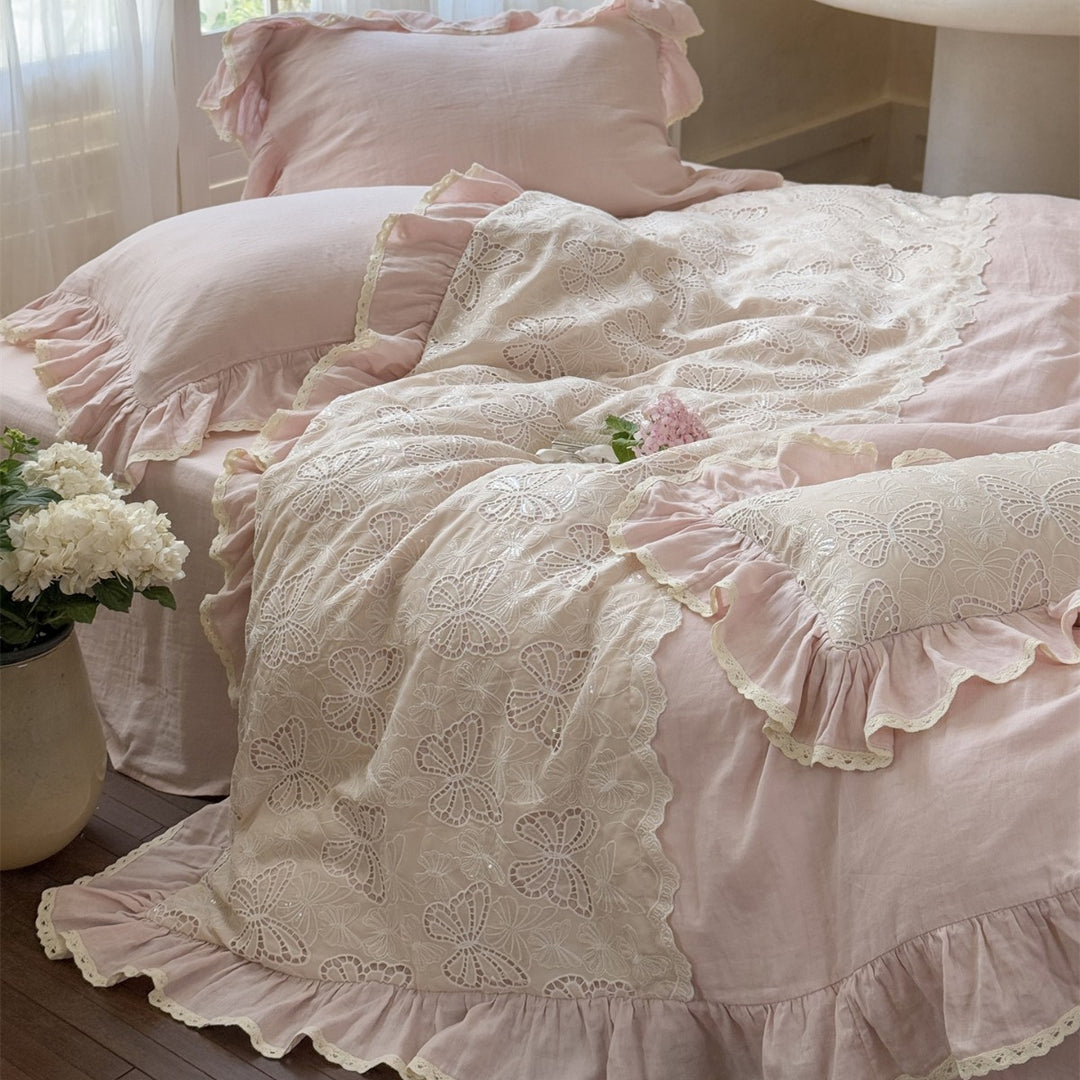 Vintage-Inspired Cutwork Butterfly Embroidered Ruffled Linen-Blend Duvet Cover Set