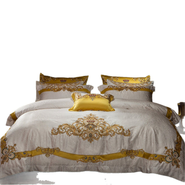 Opulent Baroque Scroll Embroidered Duvet Cover Ensemble with Satin-Edge Shams & Decorative Accent Pillow
