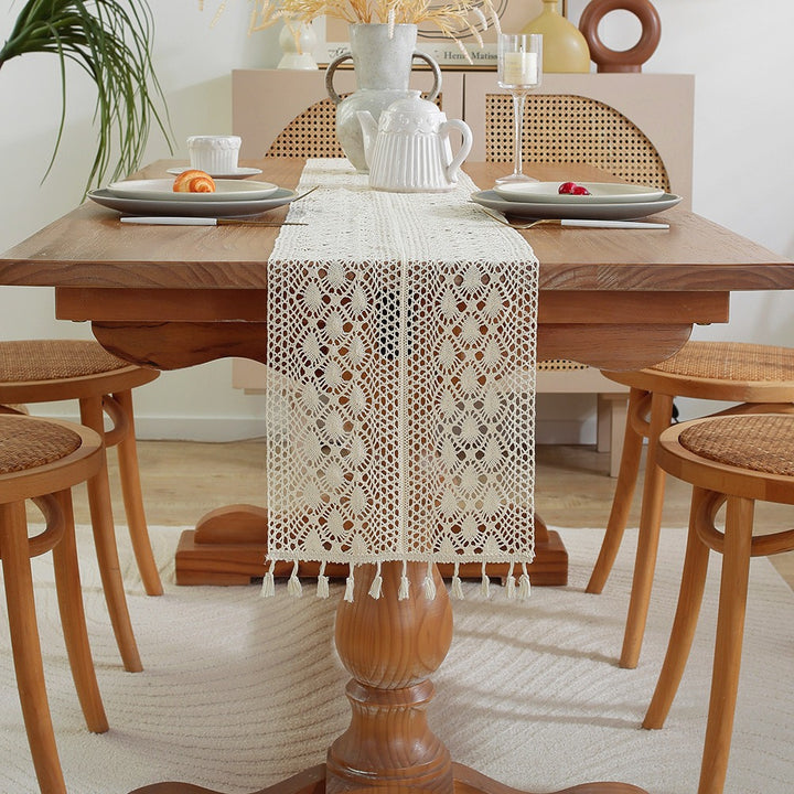 Handwoven Cotton Crochet Table Runner with Diamond Lace Pattern and Tassel Point