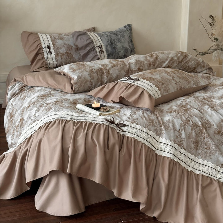 Vintage Rose Ruffled Lace-Trim Cotton Duvet Cover Set with Bedskirt & Pillow Shams