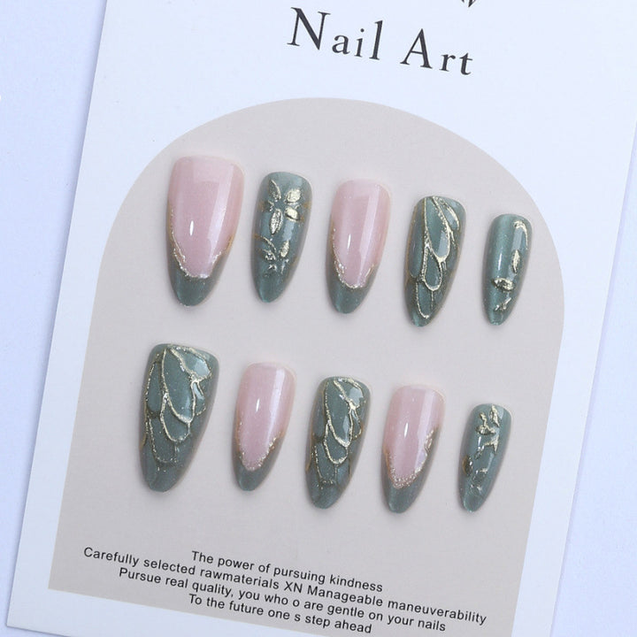 Artistic Press-On Nail Set with Gold Accents