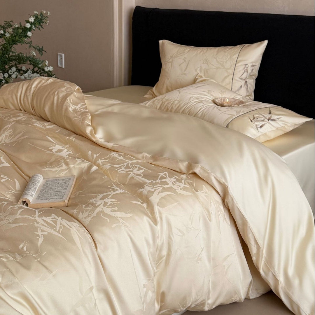 Premium Satin bedding set with subtle jacquard leaf pattern and silky finish