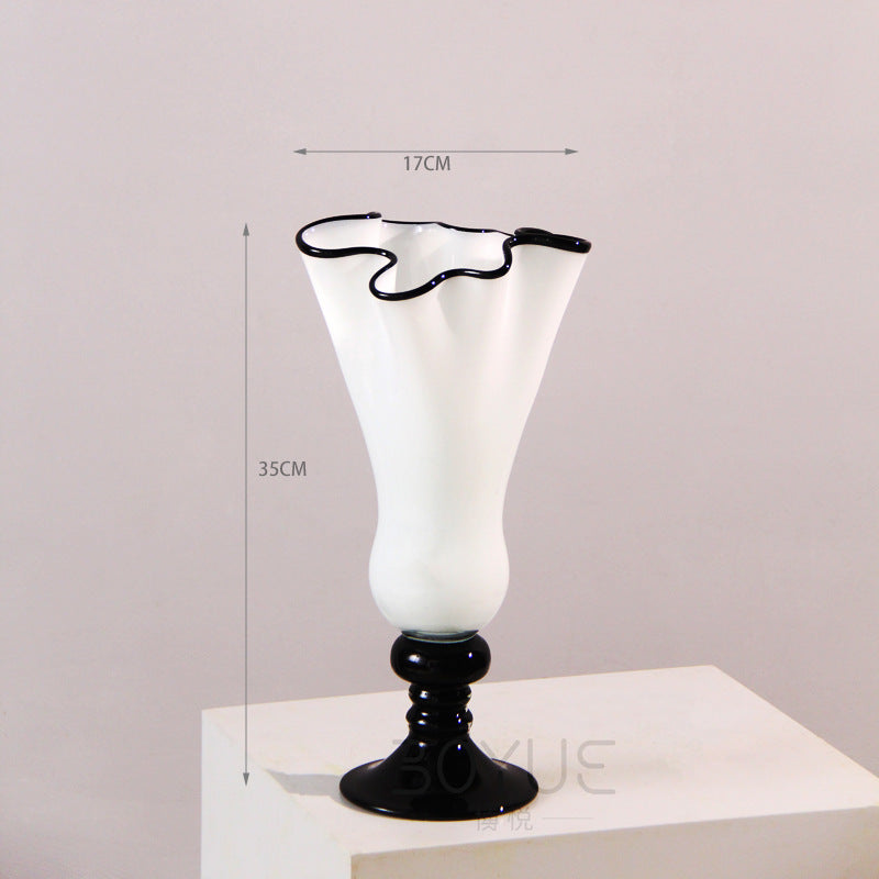 Handblown Fluted Pedestal Art Glass Trumpet Vase Stornfield
