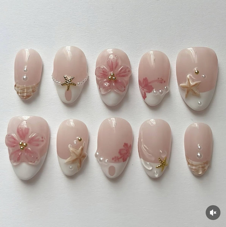 Artificial nail set with floral and maritime designs Stornfield