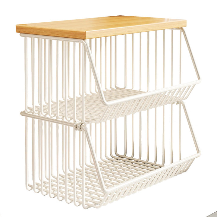 Countertop Wooden-Top Metal Wire Produce Storage Basket with Front-Tilt Access
