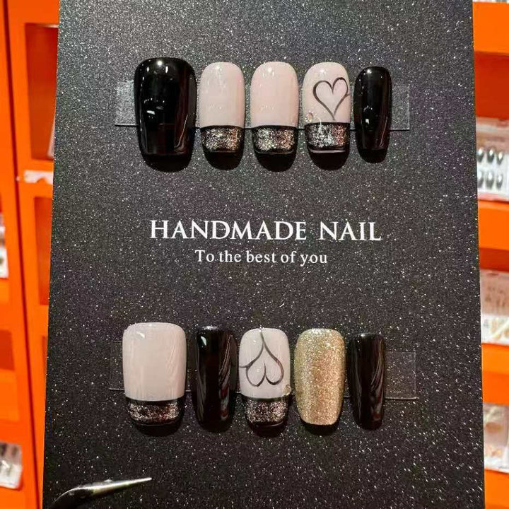 Handmade Nail Art Set with Elegant Heart and Glitter Accents